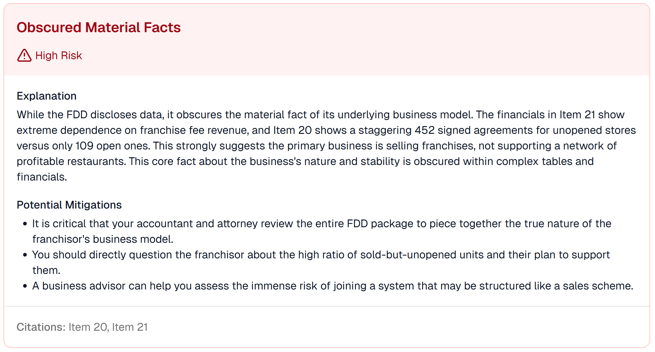 A screenshot of the Burgerim FDD Risk Report showing the High Severity 'Obscured Material Facts' risk, explaining the franchisor's dependence on franchise sales.