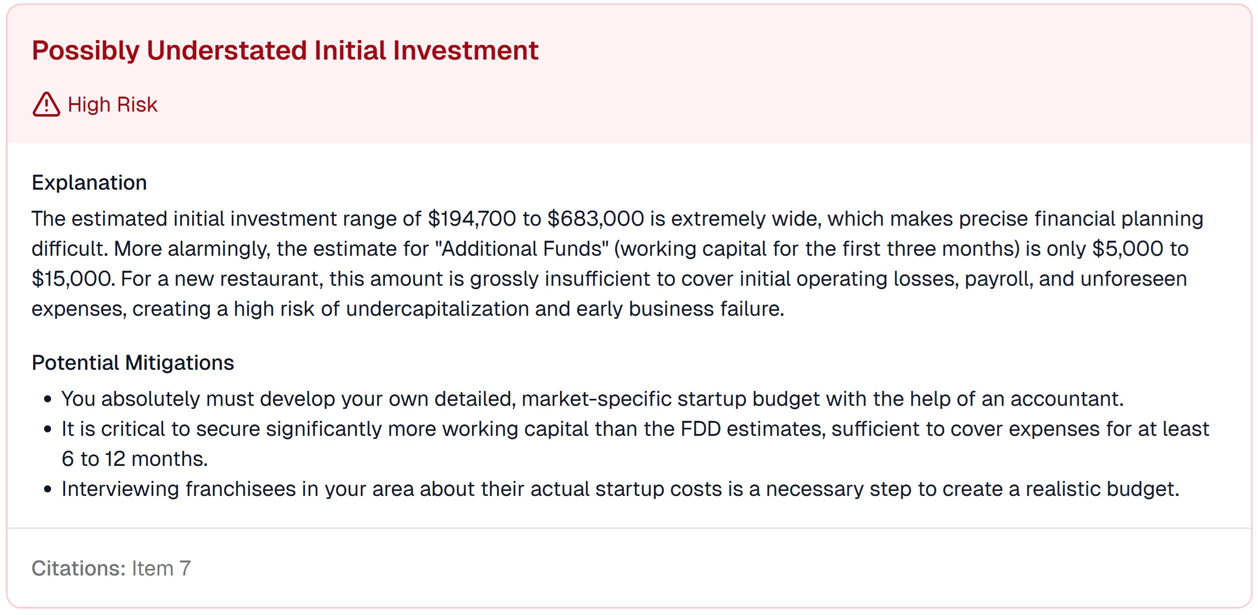 Screenshot of the Burgerim report showing the 'Possibly Understated Initial Investment' risk. It highlights the dangerously low working capital estimate of only $5,000 to $15,000.