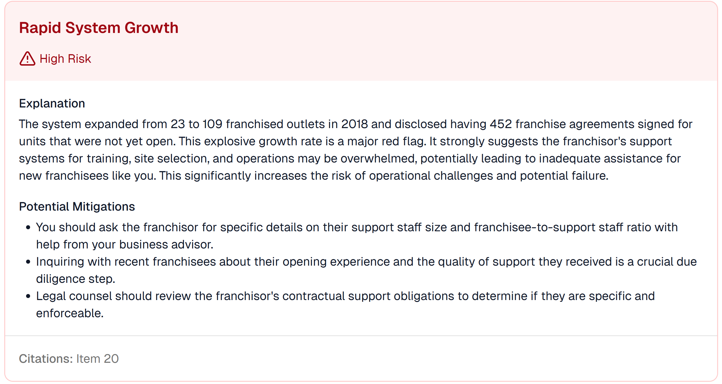 Screenshot of the Burgerim report showing the 'Rapid System Growth' risk. It points out the 452 units sold but not yet open as an explosive growth rate and major red flag.