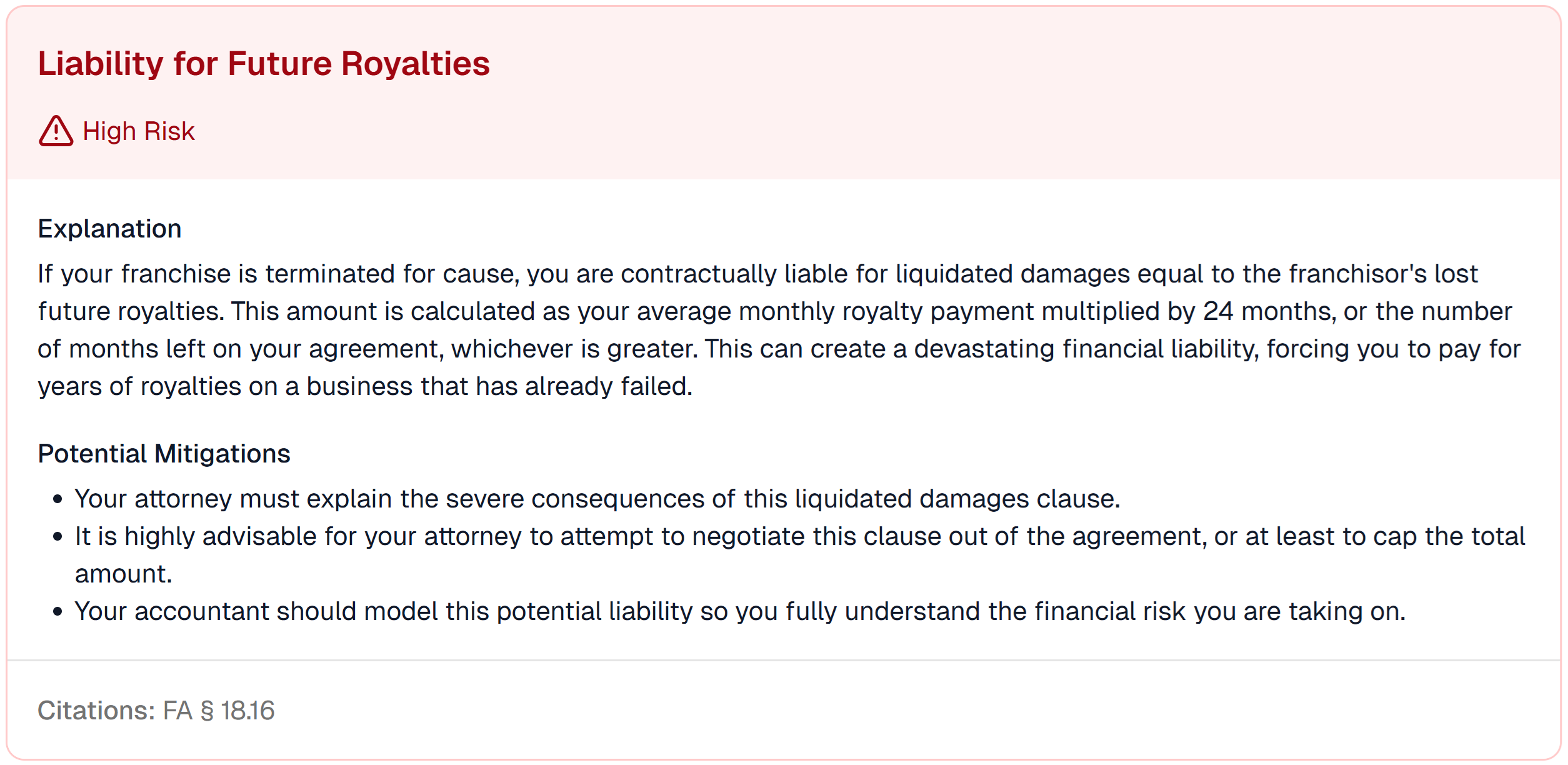 Screenshot of the Burgerim report showing the 'Liability for Future Royalties' risk. This clause forces owners of failed stores to pay future royalties.
