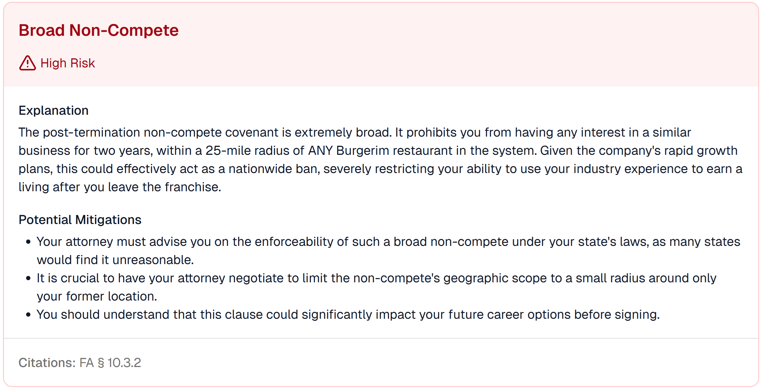 Screenshot of the Burgerim report showing the 'Broad Non-Compete' risk. This term could effectively create a nationwide ban on working in the restaurant industry.