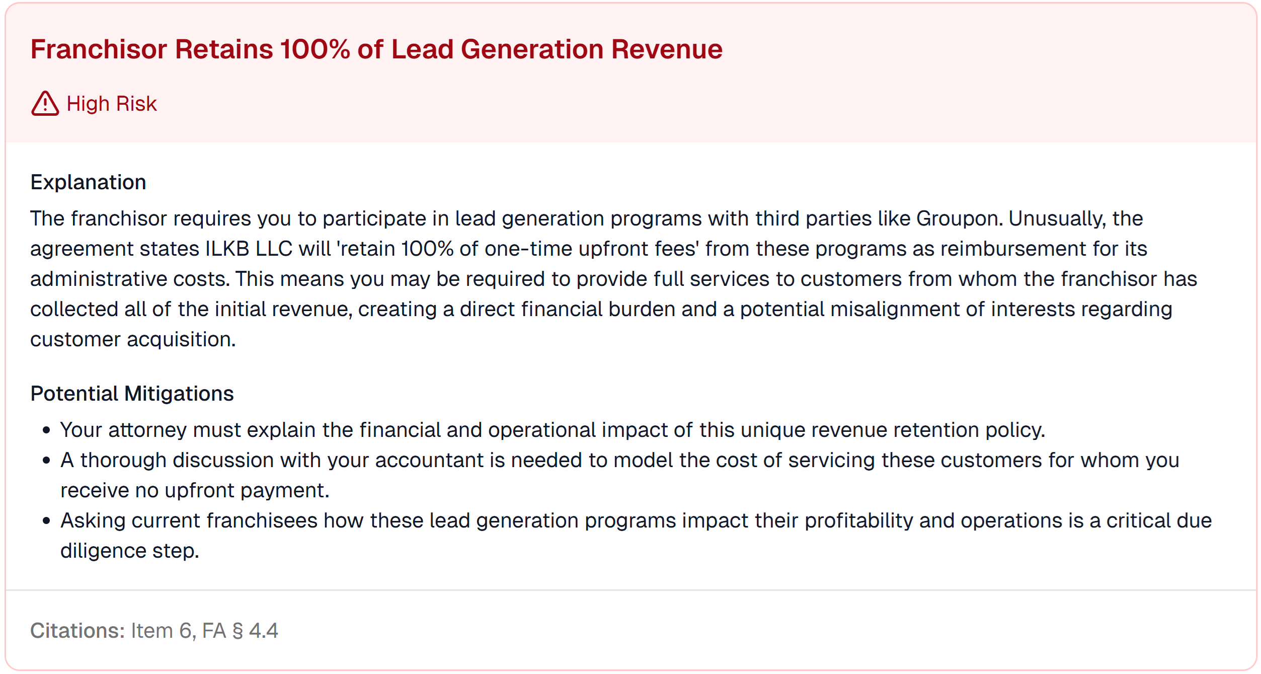 A screenshot showing the 'Franchisor Retains 100% of Lead Generation Revenue' risk, a highly unusual and risky business practice.