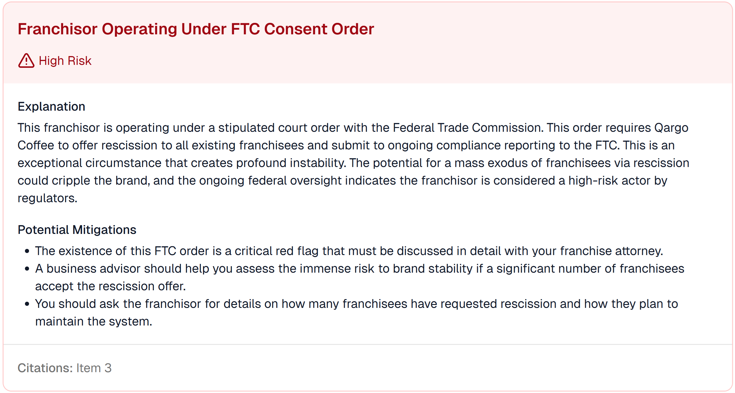 A screenshot of the Qargo Coffee FDD Risk Report showing the 'Franchisor Operating Under FTC Consent Order' risk.