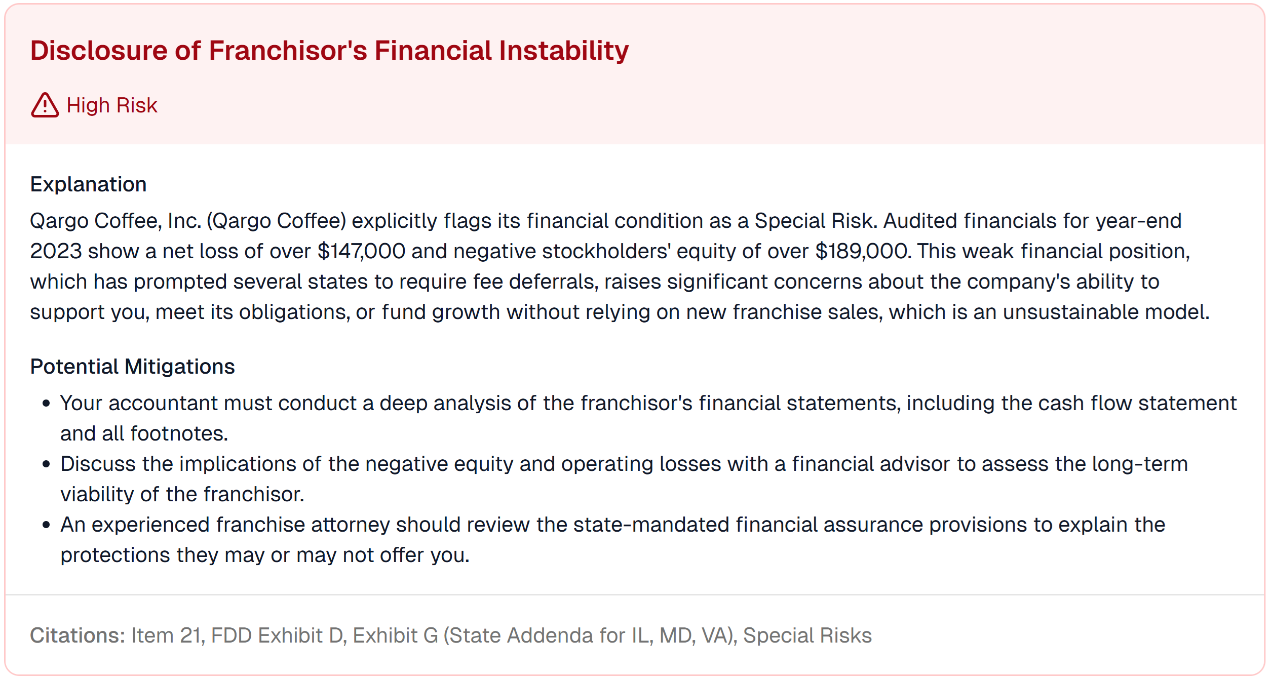 A screenshot of the 'Disclosure of Franchisor's Financial Instability' risk, detailing the net loss and negative equity.