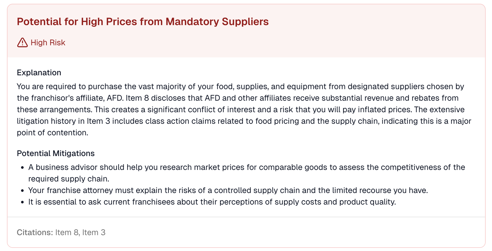 A screenshot of the Quiznos FDD Risk Report showing the High Severity 'Potential for High Prices from Mandatory Suppliers' risk, explaining the conflict of interest in the supply chain.