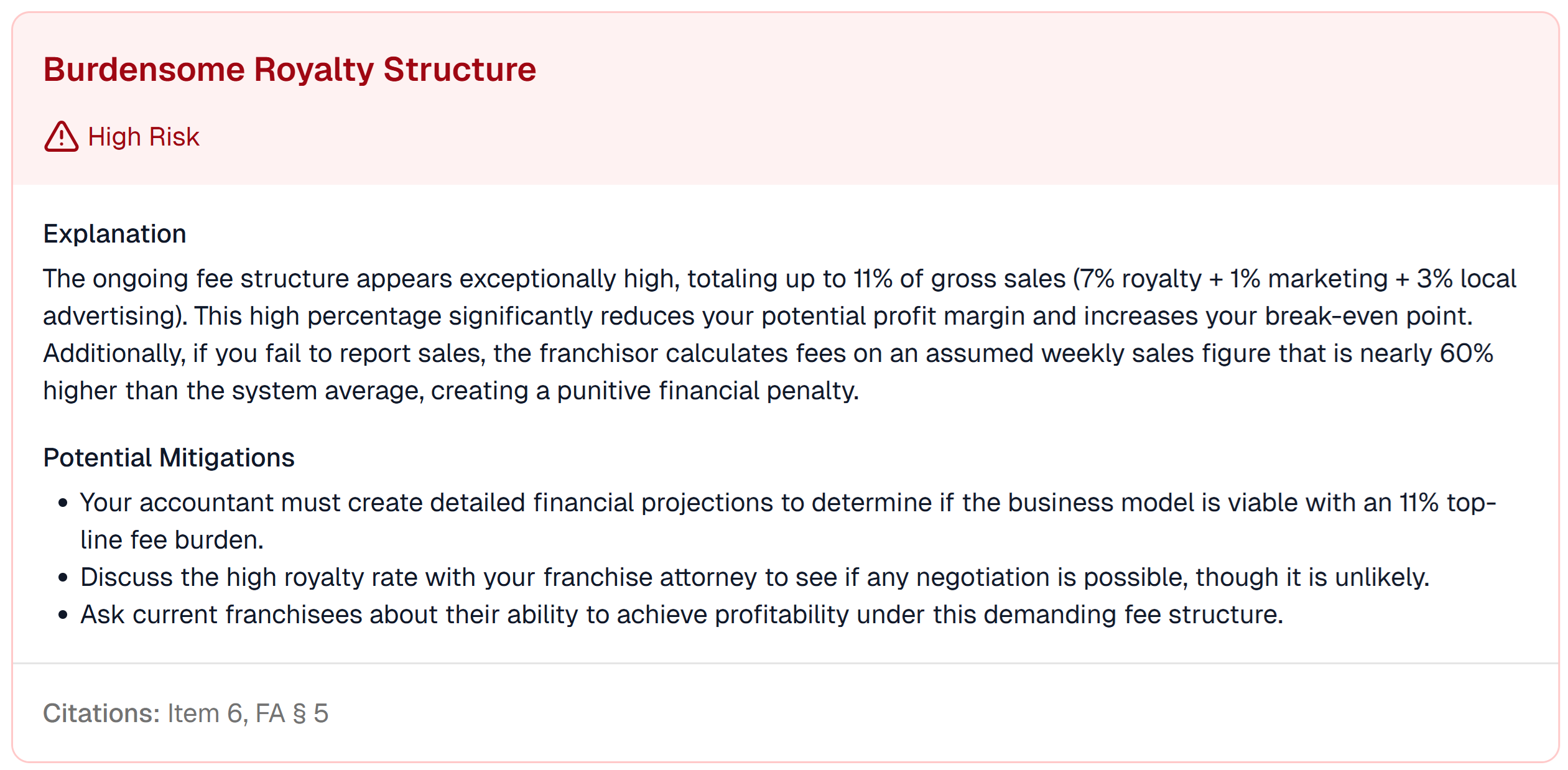 A screenshot of the Quiznos report showing the High Severity 'Burdensome Royalty Structure' risk, highlighting the 11% fee burden.