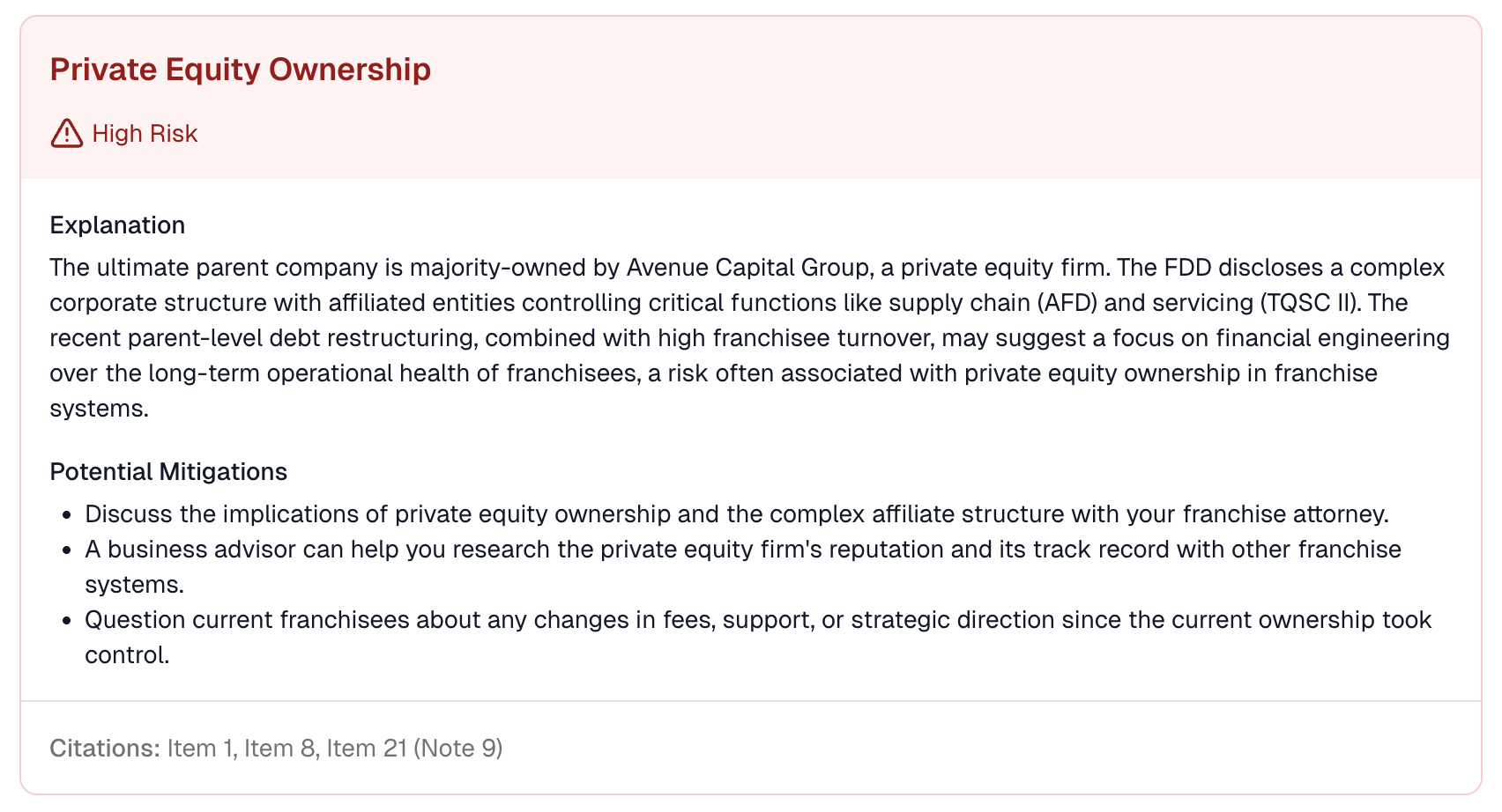 A screenshot of the Quiznos report showing the High Severity 'Private Equity Ownership' risk, explaining the risks of being owned by a private equity firm.
