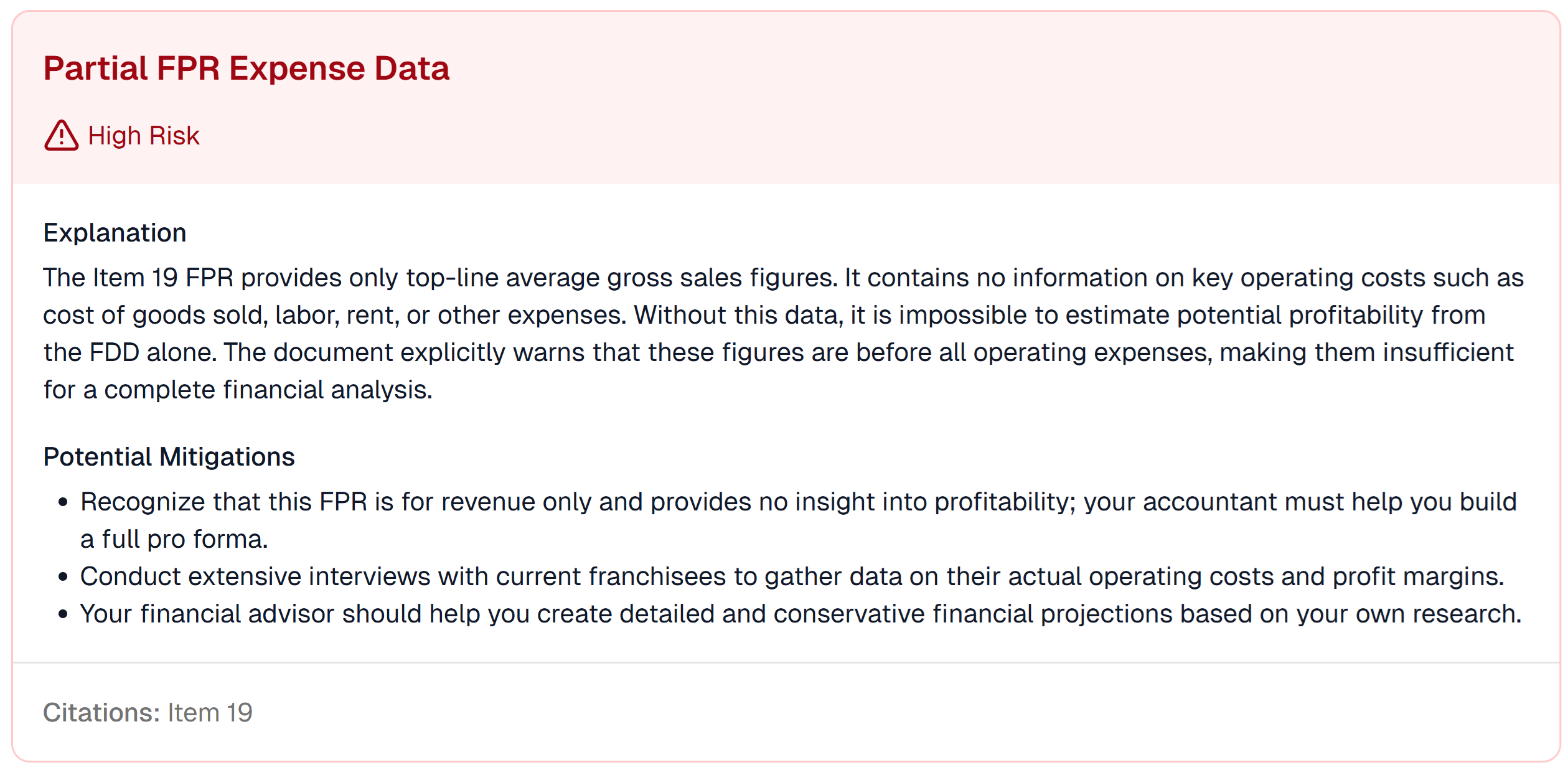 A screenshot of the 'Partial FPR Expense Data' risk, explaining the lack of expense data in the Item 19 FPR.