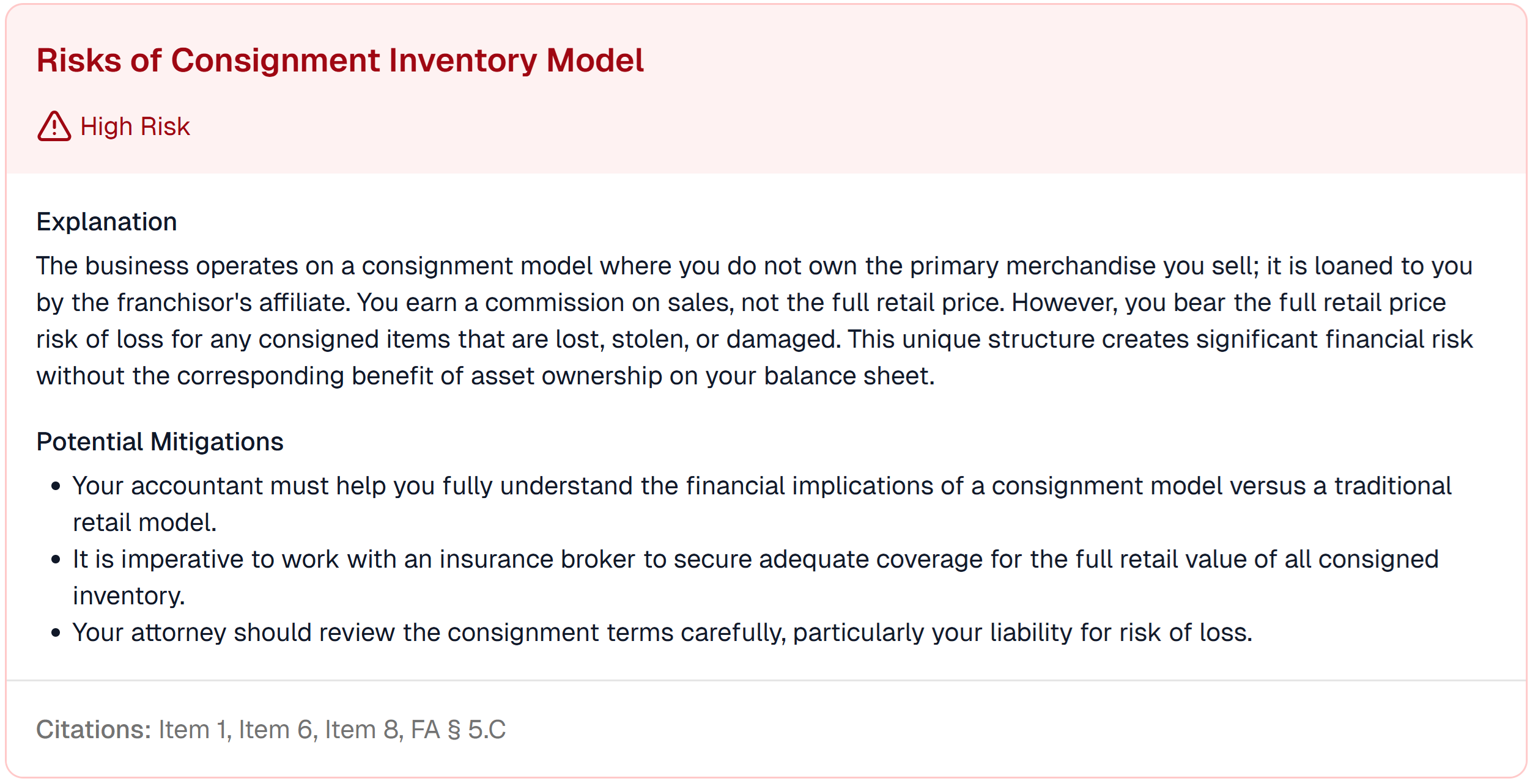 A screenshot of the Sears FDD Risk Report showing the 'Risks of Consignment Inventory Model' risk, explaining how franchisees bear the risk of loss for inventory they do not own.
