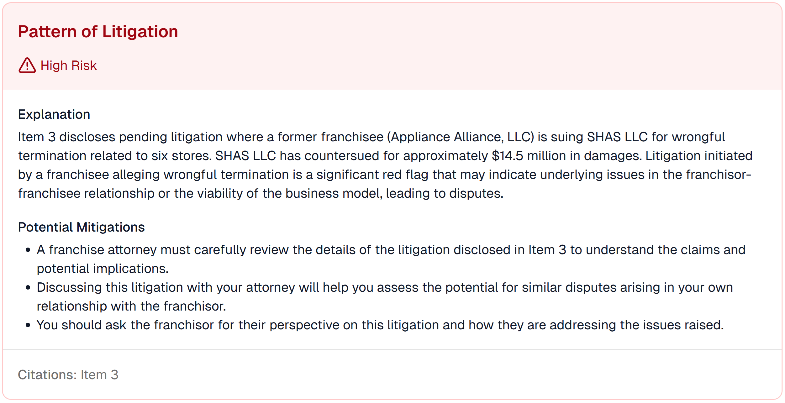 A screenshot of the 'Pattern of Litigation' risk, showing a franchisee lawsuit for wrongful termination and a $14.5M countersuit.